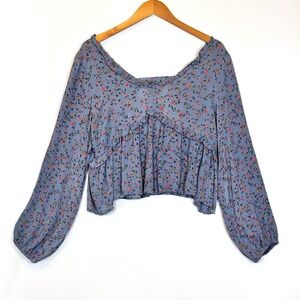 Sim & Sam Blouse Women Large Blue Floral Peasant Boho Crop Top Cottage Festival